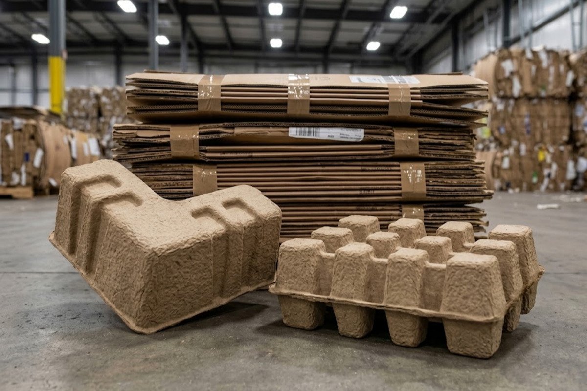 Recyclable molded paper pulp for vacuum cleaner packaging